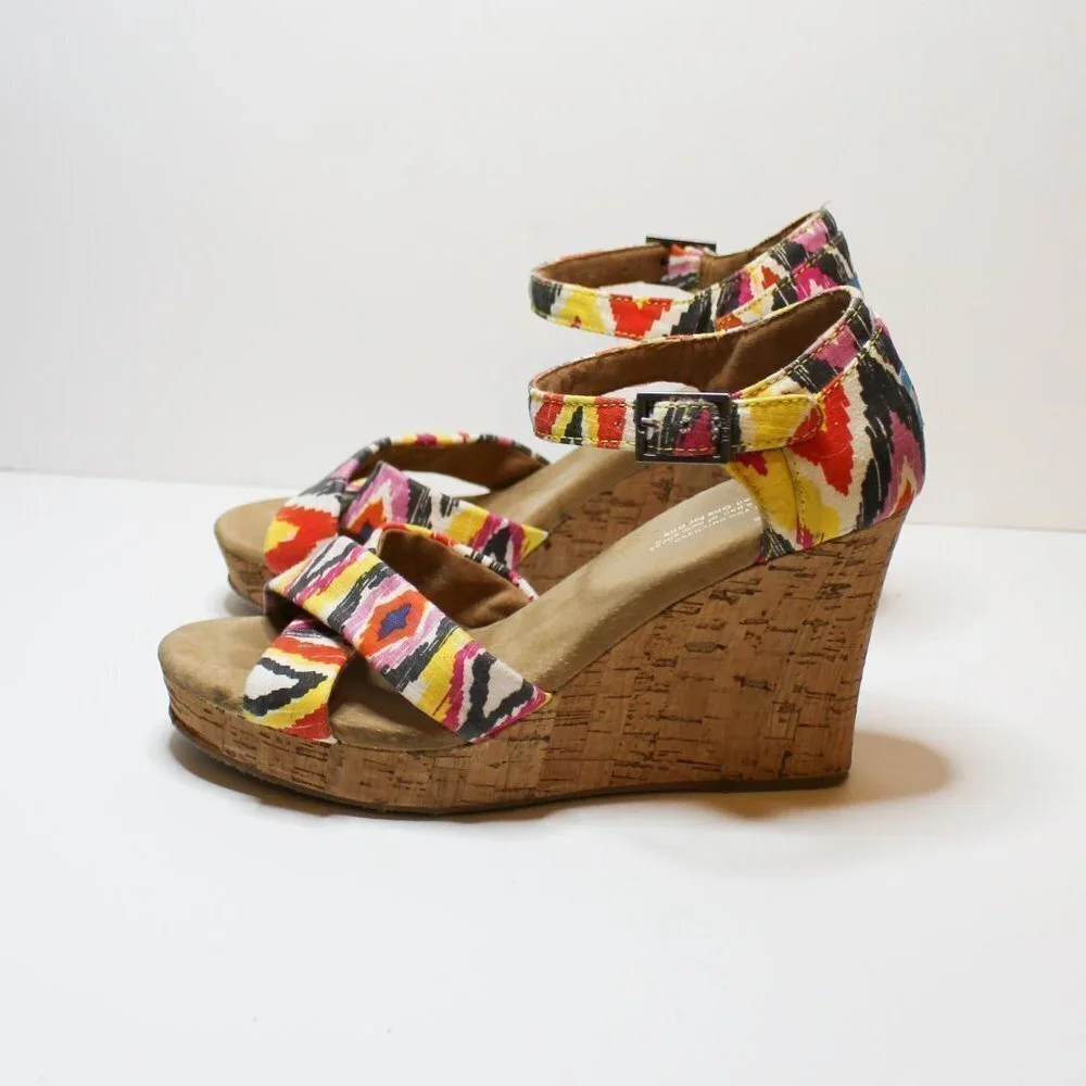 TOMS colorful Ikat‎ cork wedge sandal size 8.5